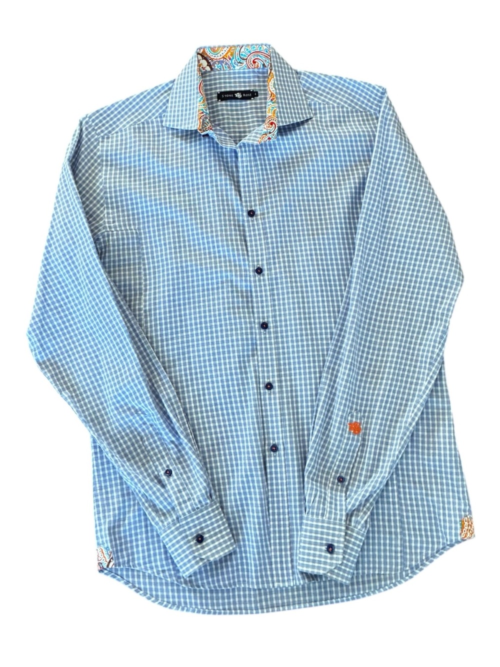 Stone Rose Men’s Checkered Gingham Blue White Button Up Shirt Paisley Accents S